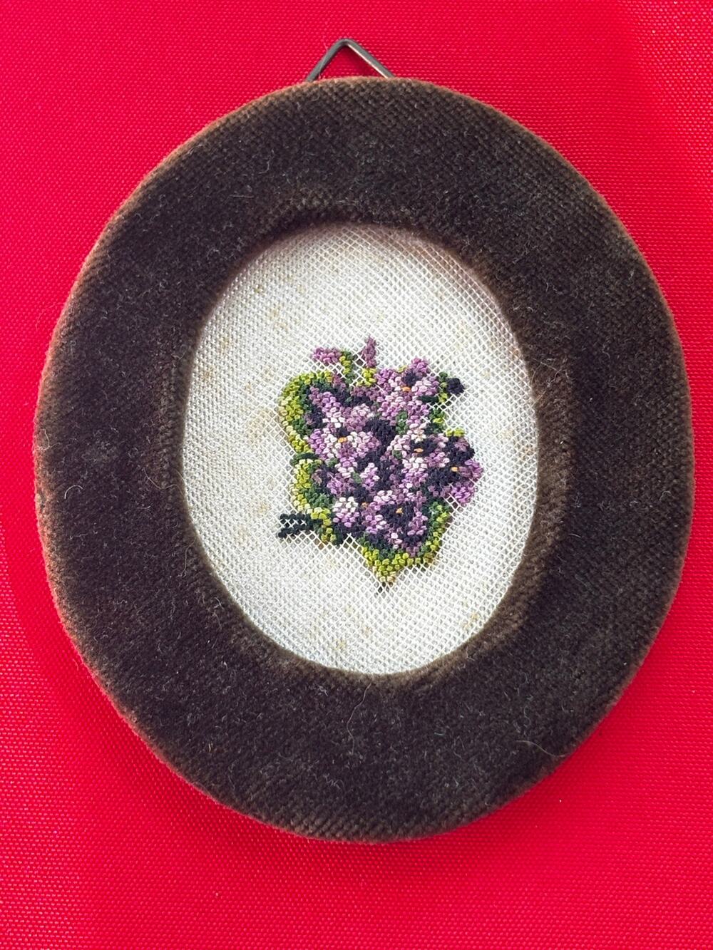 Miniature Oval Framed Needlepoint Vintage Velvet Frame  Purple Cottagecore